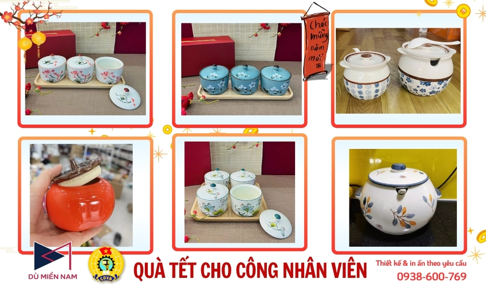 Quà Tết Cho Công Nhân- Hũ sứ đựng trà mứt bánh kẹo
