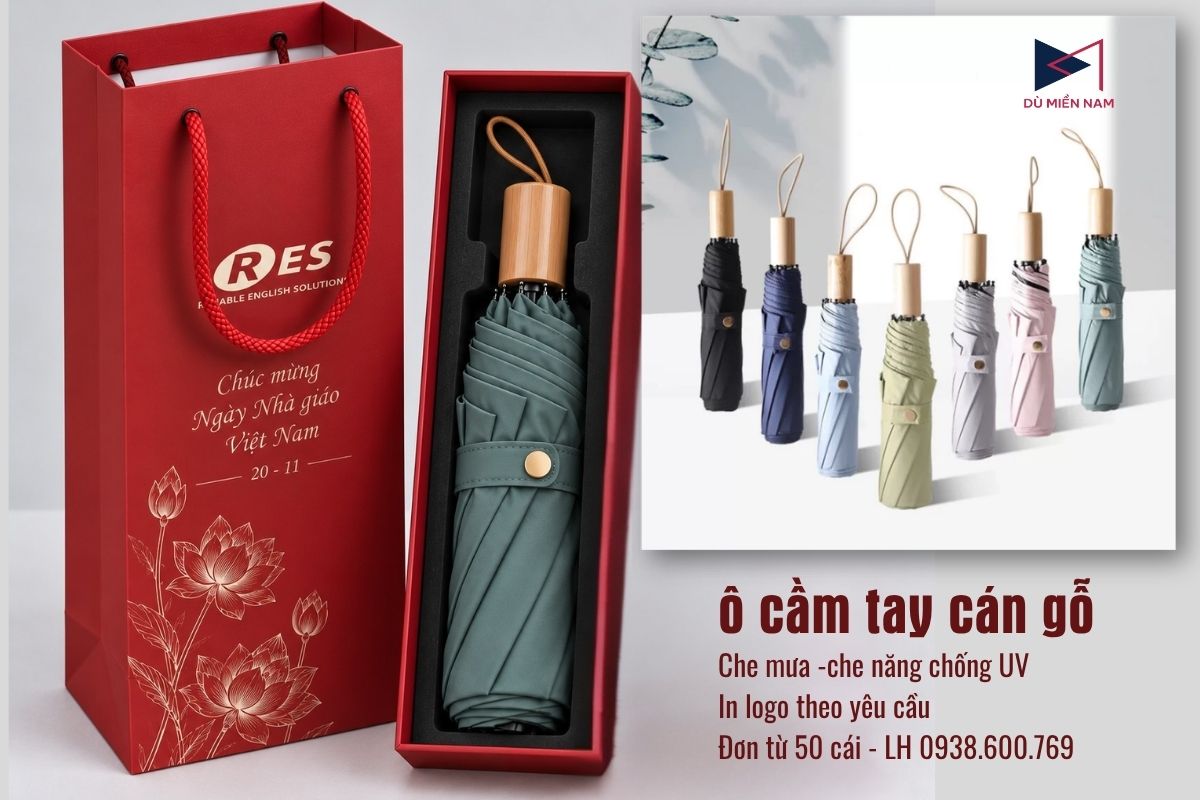 Ô cầm tay cán gỗ in logo làm quà tặng - nhận đơn từ 50 cái